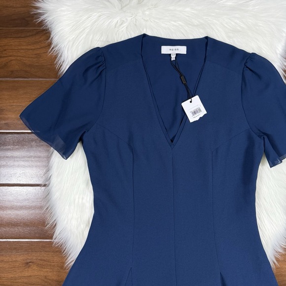 Reiss Women's Size US 6 / UK 10 Blue Teal Natalia V Neck Fit‎ & Flare Mini Dress - Picture 2 of 11